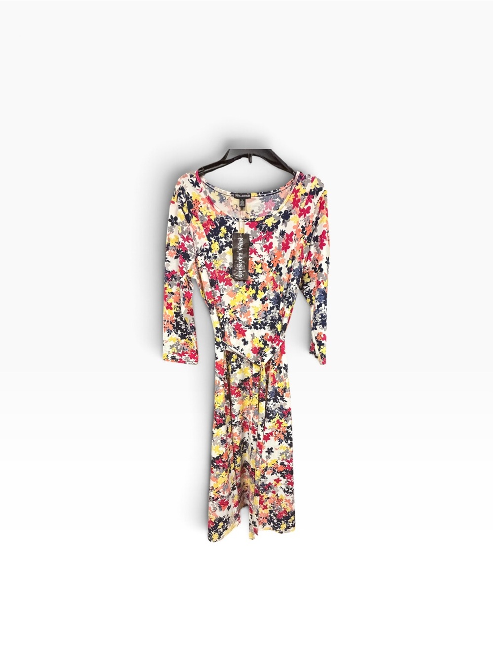 Nina Leonard Floral Fit & Flare Dress Women’s Large Belted 3/4 Sleeve Stretch